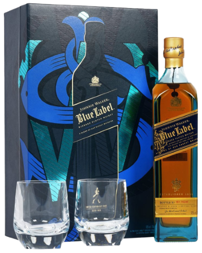 Джони Уокър Син Етикет + 2 чаши 0,7л 40% / Johnnie Walker Blue Label + 2 glasses 0,7L 40%